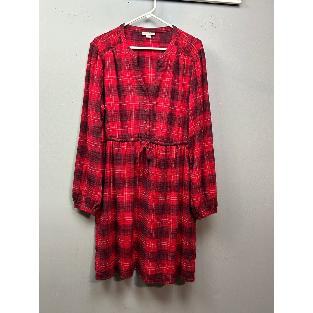 Knox Rose Women's XL Red Plaid Long Sleeve Button Front Drawstring‎ Dress